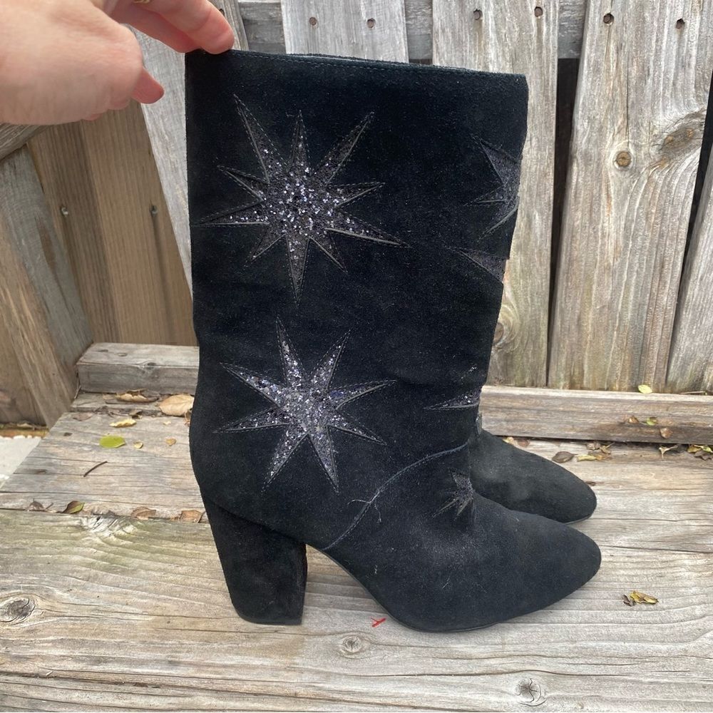 Avec Les Filles Story Told By Joyce Azria Black Suede Boots Stars Moon sz 37.5